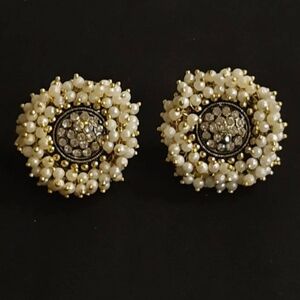 Gold and White Pearl Cluster Crystal Stud Earrings